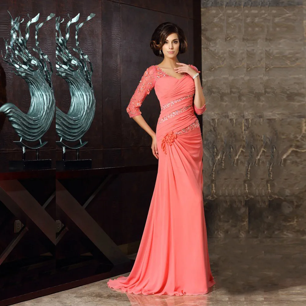 2022 Classic Charming Coral Chiffon 3/4 Sleeves Mother of the Bride Dresses Deep V Neckline Beaded Appliqued Wedding Party Gowns
2022 Classic Charming Coral Chiffon 3/4 Sleeves Mother of the Bride Dresses Deep V Neckline Beaded Appliqued Wedding Party Gowns