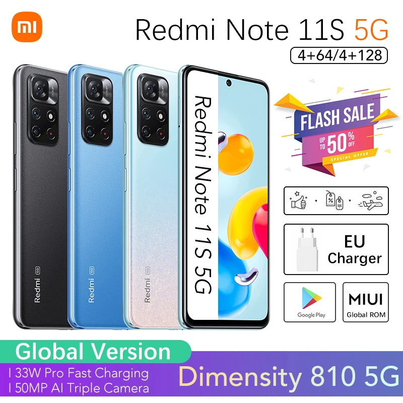 

Xiaomi Redmi Note 11S 5G Global Version Smartphone Dimensit 810 Octa Core 33W Fast Charging 5000mAh Battery 50MP AI Camera