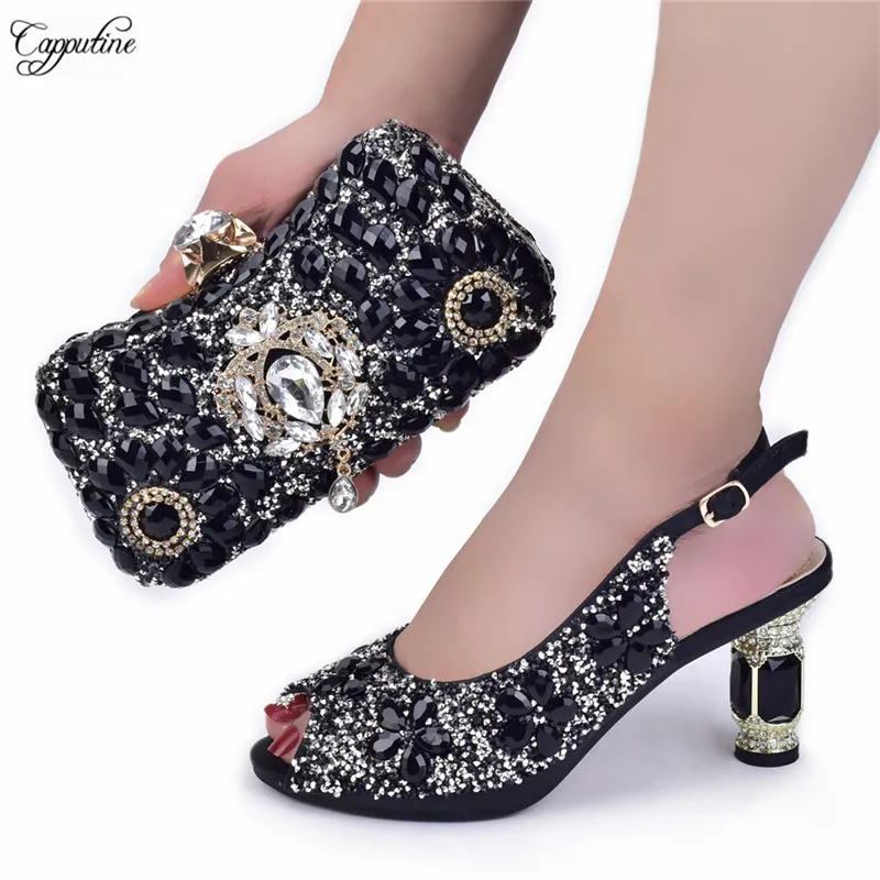 Black Woman Stones Shoes and Bag Set To Match Fashion Ladies High Heels Sandals Matching With Purse Handbag Clutch Pumps 628-7 
Black Woman Stones Shoes and Bag Set To Match Fashion Ladies High Heels Sandals Matching With Purse Handbag Clutch Pumps 628-7