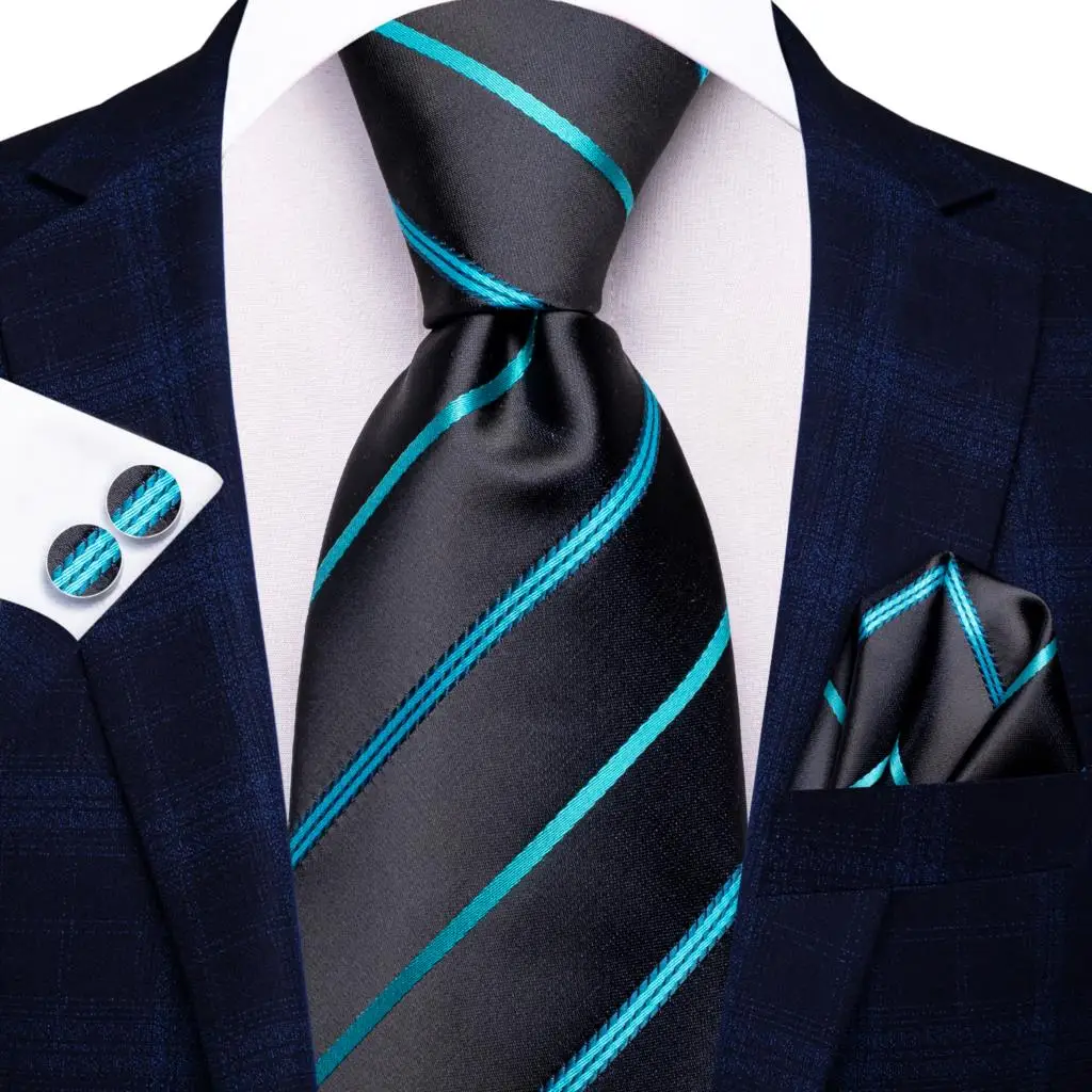 

Hi-Tie Designer 2023 New Black Robin Egg Blue Striped Tie for Men Fashion Brand Wedding Party Necktie Handky Cufflinks Wholesale