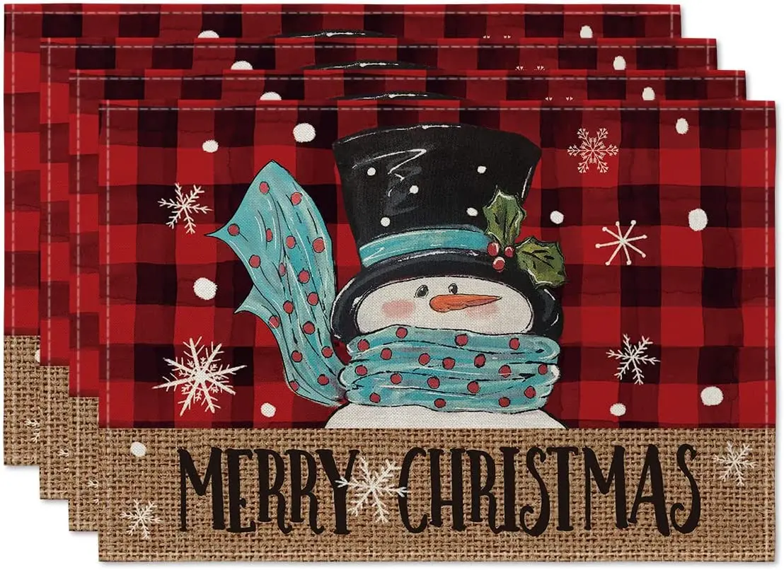 

Snowman Red and Black Buffalo Plaid Christmas Placemats Set of 4 12x18 Inch Seasonal Winter Xmas Holiday Table Mats for Party