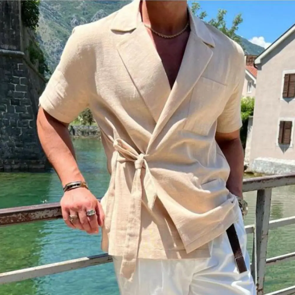 Solid Color Summer Shirt Stylish Men's Summer Shirt Lapel Strap French Tie Waist Loose Casual Top Solid Color Short-sleeved
Solid Color Summer Shirt Stylish Men's Summer Shirt Lapel Strap French Tie Waist Loose Casual Top Solid Color Short-sleeved