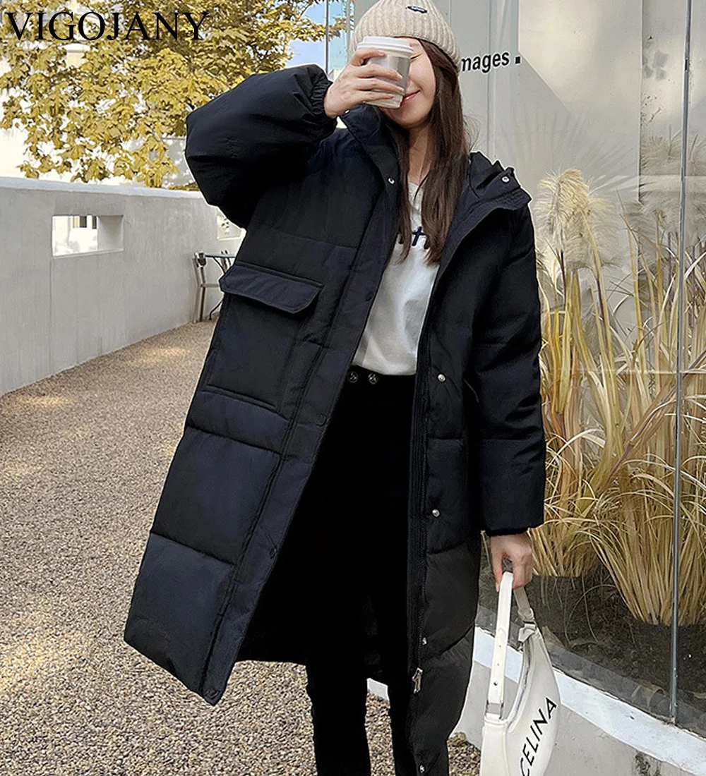 Vigojany 2022 Women Winter Casual Parka Long Hooded Big Pocket Coats Female Korean Warm Solid Long Sleeve Loose Puffer Outwear
Vigojany 2022 Women Winter Casual Parka Long Hooded Big Pocket Coats Female Korean Warm Solid Long Sleeve Loose Puffer Outwear