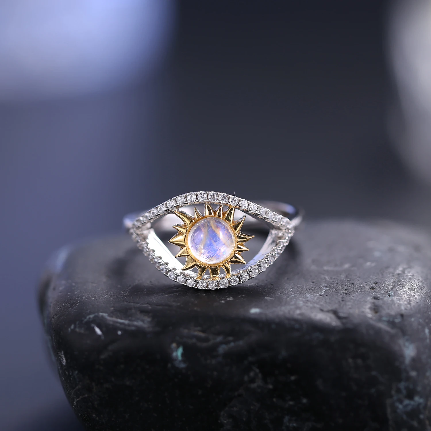 

Кольца для балета GEM'S с натуральным радужным лунным камнем, кольца для глаз в турецком стиле, регулируемое серебряное кольцо, подарок для нее, камень по месяцу рождения июня