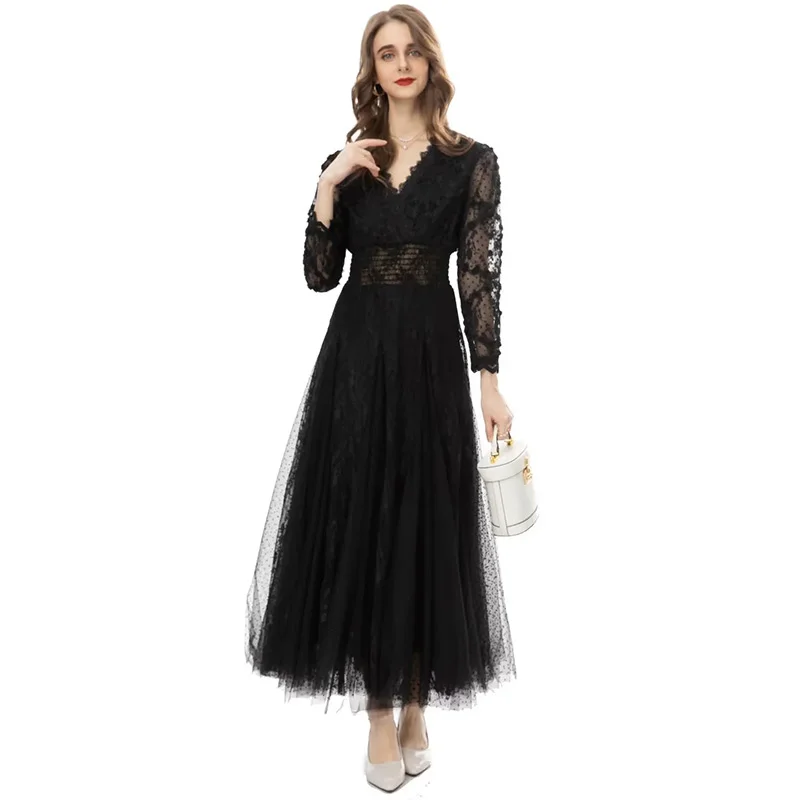 

Janeyiren Fashion catwalk Dress Spring Women Dress V-neck High Waist Long Sleeve Black polka-dot mesh retro party dress