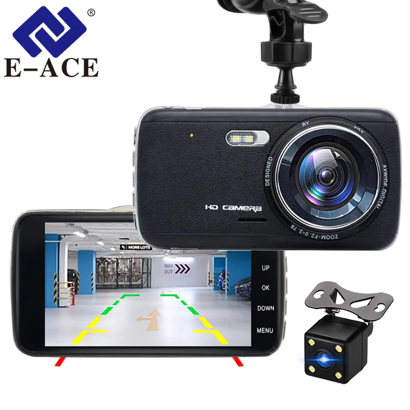 

Автомобильный видеорегистратор E-ACE, камера Dashcam с двумя объективами с зеркалом заднего вида ADAS, автомобильная дистанция Предупреждение FHD 1080P, камера ночного видения, черная коробка для автомобиля