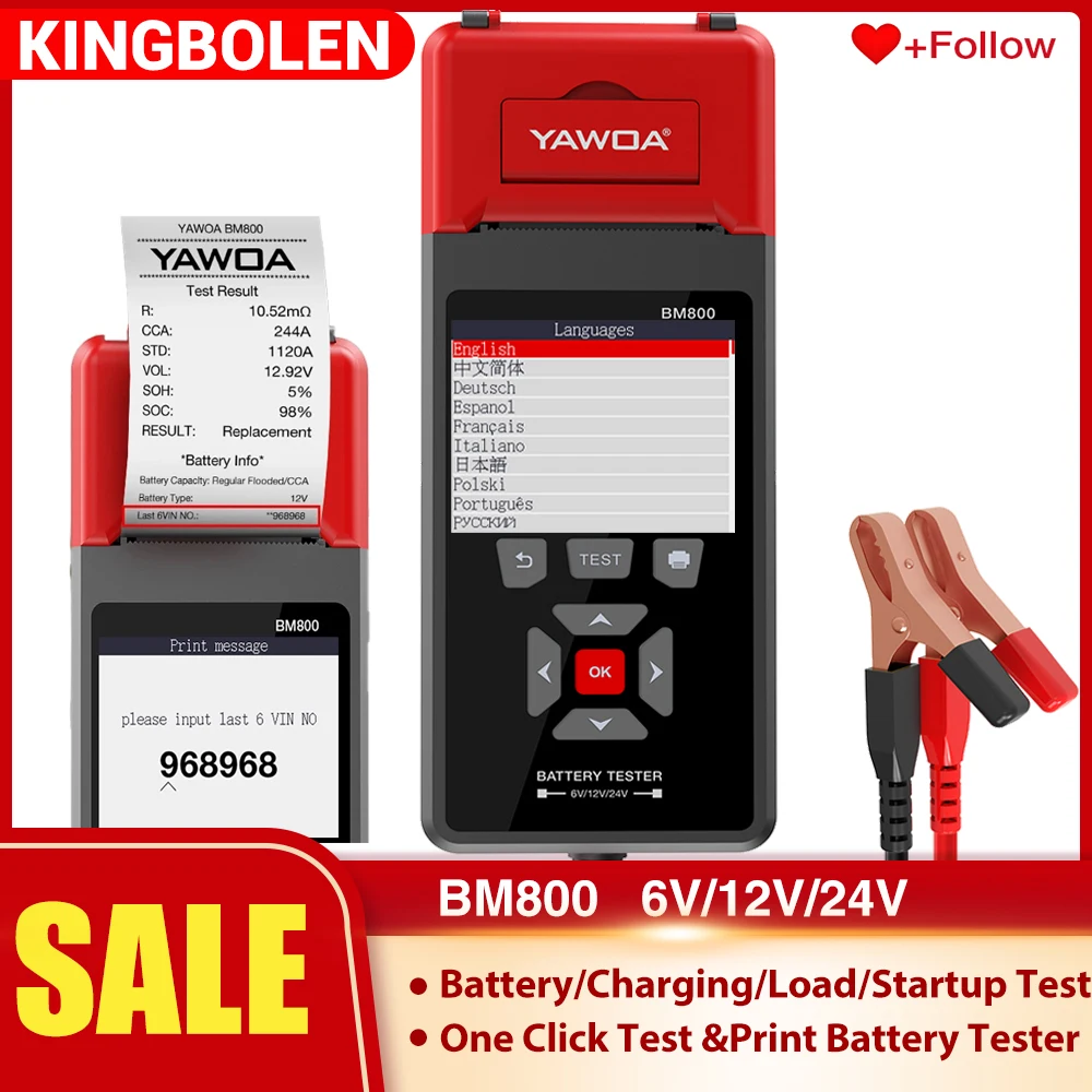 YAWOA BM800 Car Battery Tester 6V 12V 24V Voltage Charger Analyzer With Printing scanner diagnostic tool PK Autel BT760
YAWOA BM800 Car Battery Tester 6V 12V 24V Voltage Charger Analyzer With Printing scanner diagnostic tool PK Autel BT760