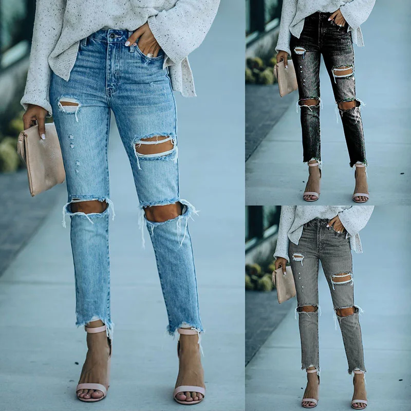 

Модные состаренные джинсы с высокой талией, Узкие рваные женские повседневные брюки с дырками и кисточками, уличные джинсовые брюки для мам...