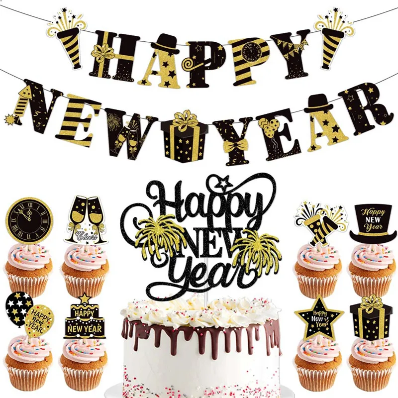 Black Happy New Year Paper Banner Cake Cupcake Toppers For 2023 New Year Party Bunting Merry Christmas Home Anniversary Supplies 
Black Happy New Year Paper Banner Cake Cupcake Toppers For 2023 New Year Party Bunting Merry Christmas Home Anniversary Supplies