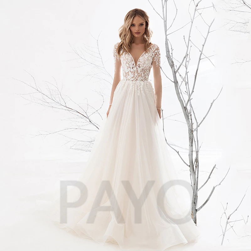 Sexy Elegant Wedding Dress Appliques Beading Tulle V-neck A-Line Long Sleeve Luxury Mopping Beach Robe De Mariee For Women
Sexy Elegant Wedding Dress Appliques Beading Tulle V-neck A-Line Long Sleeve Luxury Mopping Beach Robe De Mariee For Women