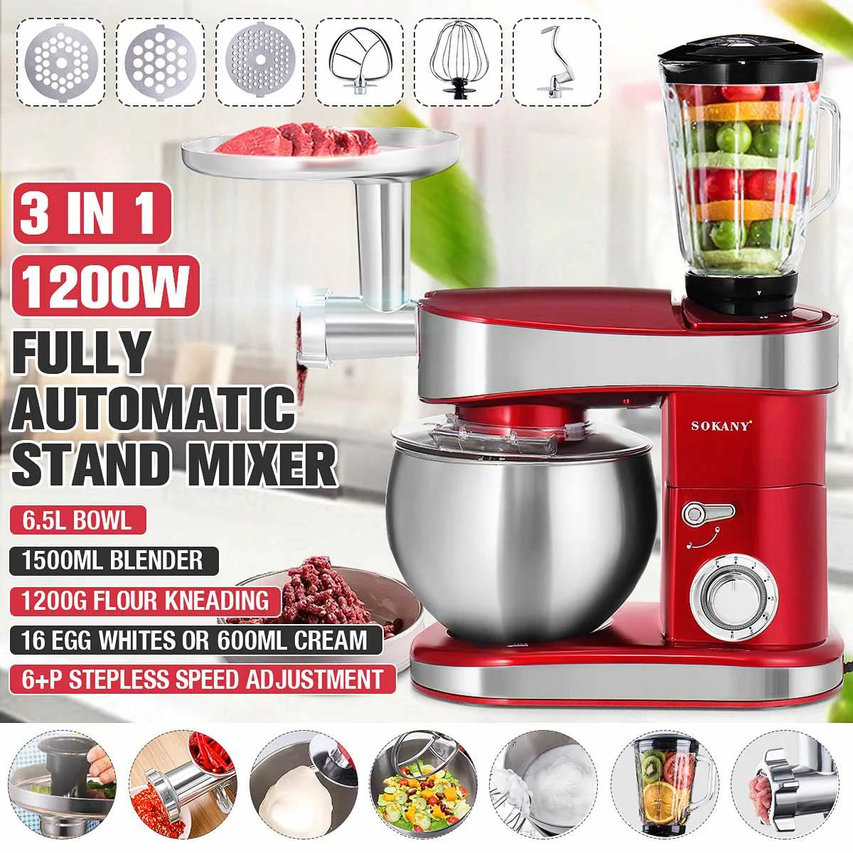 1200W Stand Mixer 6.5L 6-speed Kitchen Food Processor Blender Meat Grinder Cream Egg Whisk Cake Dough Kneader Bread Maker Juicer
1200W Stand Mixer 6.5L 6-speed Kitchen Food Processor Blender Meat Grinder Cream Egg Whisk Cake Dough Kneader Bread Maker Juicer