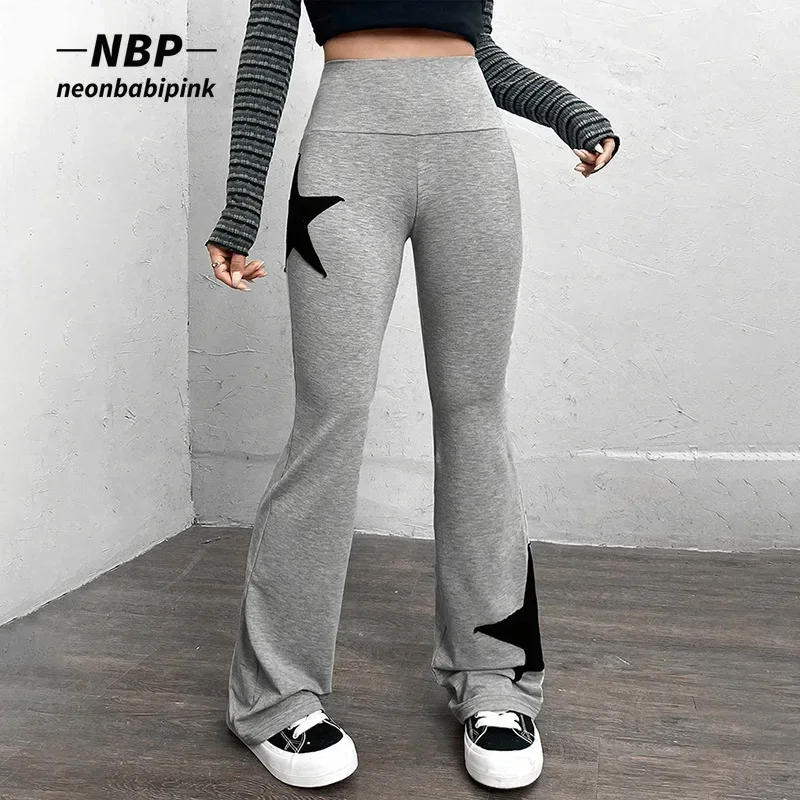 

NEONBABIPINK Star Embroidered Pants Girly Y2k Clothes Women Bottoms Casual Flare Pants High Waist Grey Sweatpants N85-CF22