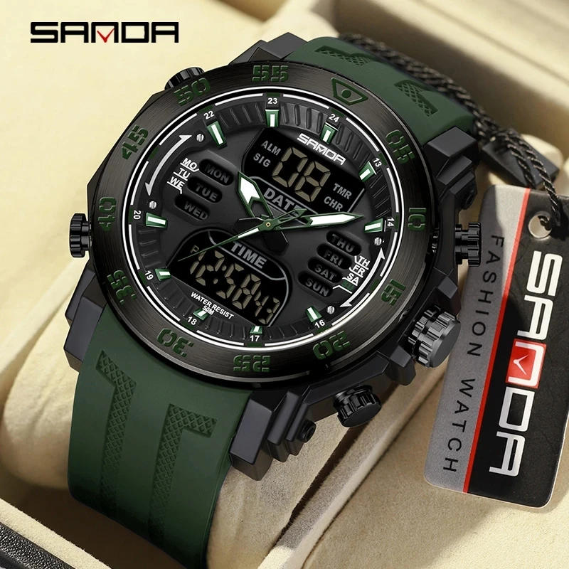 SANDA 6029 2023 New Dual Display Outdoor Sports Army Green Strap 50M Waterproof Watch Multifunction LED Digital Watches For Men
SANDA 6029 2023 New Dual Display Outdoor Sports Army Green Strap 50M Waterproof Watch Multifunction LED Digital Watches For Men