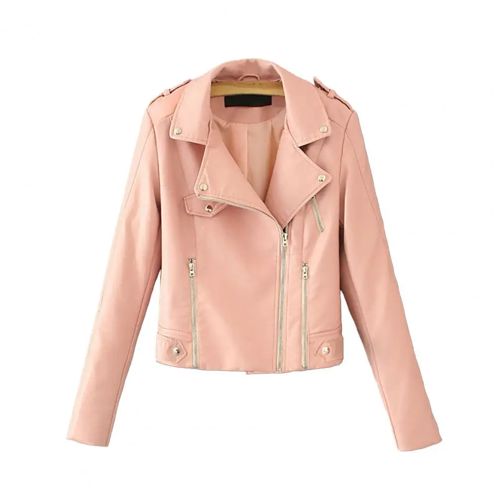 Stylish Biker Jacket Soft Women Jacket Lapel Solid Color Faux Leather Short Cardigan Jacket Windproof
Stylish Biker Jacket Soft Women Jacket Lapel Solid Color Faux Leather Short Cardigan Jacket Windproof