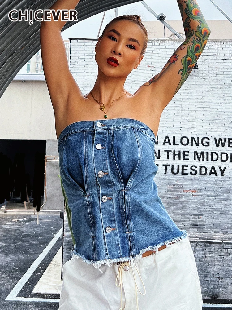 CHICEVER Streetwear Fashion Tank Tops For Women Strapless Sleeveless Slim Denim Sexy Tank Top Female Summer Clothing 2022 Style
CHICEVER Streetwear Fashion Tank Tops For Women Strapless Sleeveless Slim Denim Sexy Tank Top Female Summer Clothing 2022 Style