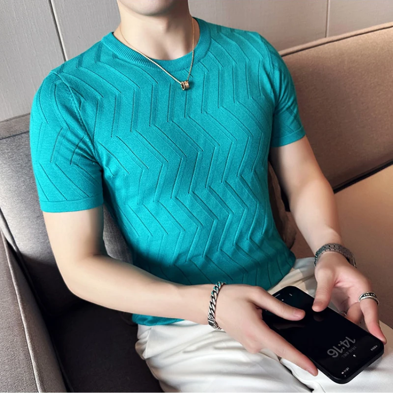 Stretch Hollowed Out Knitted O-neck T-shirt Solid Color Slim Social Casual Short Sleeve T-shirt Summer IceSilk Bar Club Men Tees
Stretch Hollowed Out Knitted O-neck T-shirt Solid Color Slim Social Casual Short Sleeve T-shirt Summer IceSilk Bar Club Men Tees