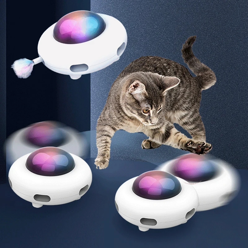 

Cat Toy Smart Teaser UFO Pet Turntable Catching Training toys USB Charging Cat Teaser Replaceable Feather Interactive Auto