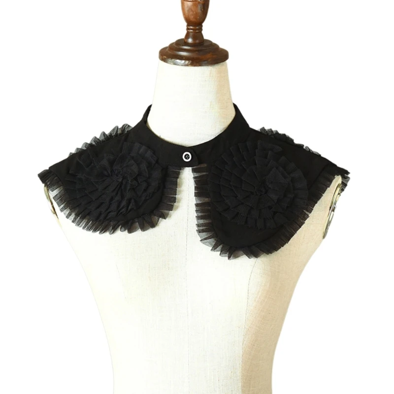 

Women Elegant Ruffled Mesh Flower False Collar Shawl Decorative One Button Front Half Shirts Asymmetrical Capelet Poncho