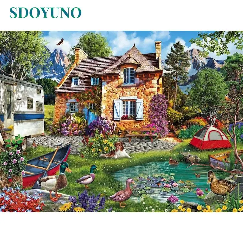 

SDOYUNO Unframe Coloring By Numbers village For Living Room Home Decor Paint By Numbers Scenery Handpainted Gift