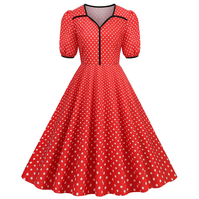 

Summer Women Short Sleeve V Neck Polka Dot Printed Fashion Vintage Retro 50s 60s Skater Rockabilly dress for party