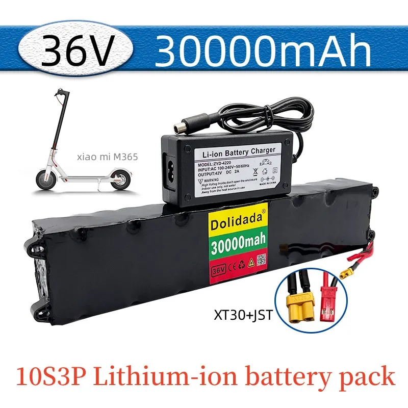 36V30Ah 10S3P rechargeable lithium battery pack with BMS,suitable for modified scooter electric vehicle battery XT30-JST+charger 
36V30Ah 10S3P rechargeable lithium battery pack with BMS,suitable for modified scooter electric vehicle battery XT30-JST+charger