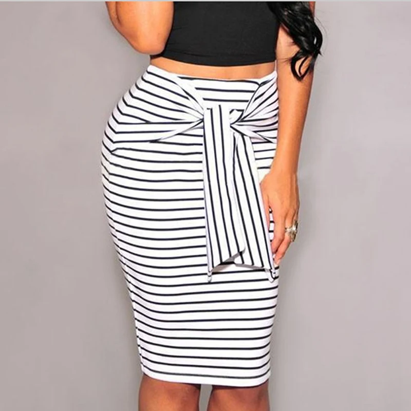 

2022 Summer Women New Striped Pencil Skirt Fashion Sexy Slim Bag Hip Skirt With Sashes High Waist Bag Hip Skirt Hot Sale