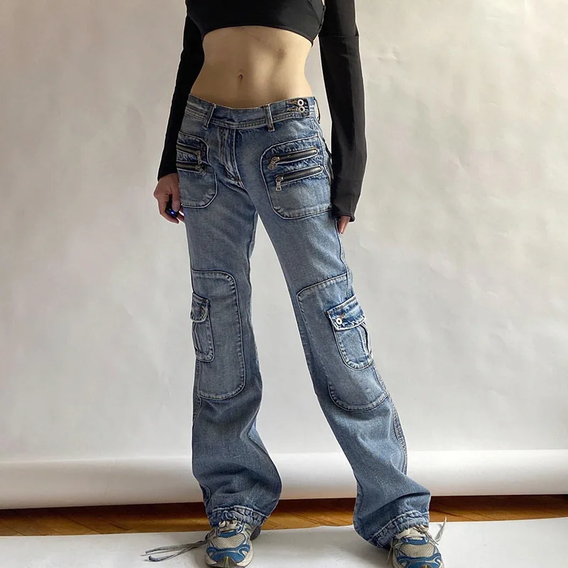Cargo Jeans For Women Low Waist Vintage Blue Washed Denim Pants With Side Pockets Classic Style Straight Leg Trousers Streetwear
Cargo Jeans For Women Low Waist Vintage Blue Washed Denim Pants With Side Pockets Classic Style Straight Leg Trousers Streetwear