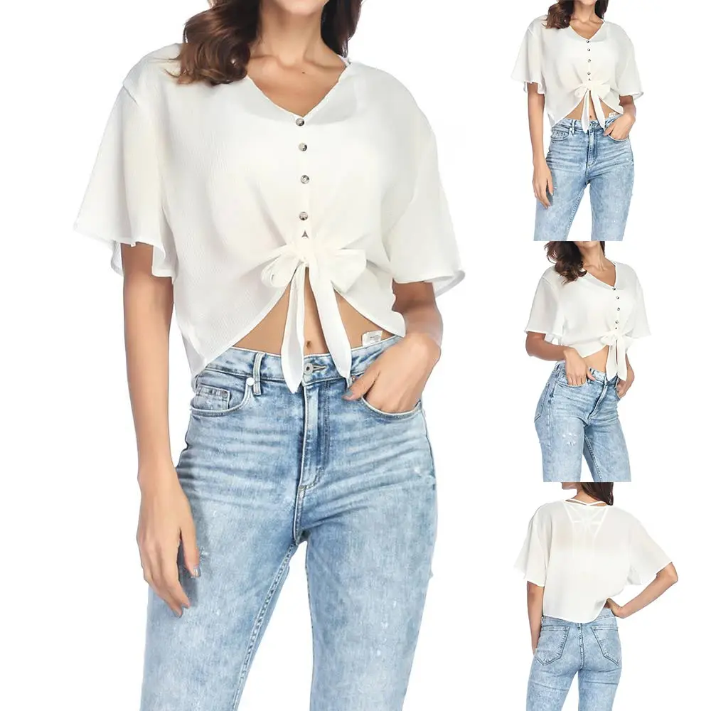 Button Office Ol Solid Color White Female Blouses Women Blouses Shirt Half Sleeve Summer Bow Tie V-Neck Ladies Tee Shirt
Button Office Ol Solid Color White Female Blouses Women Blouses Shirt Half Sleeve Summer Bow Tie V-Neck Ladies Tee Shirt