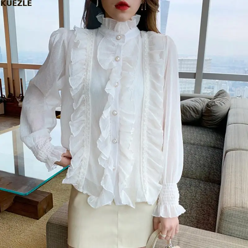 2022 Woman Chic Long Sleeve Stand Collar Blouses Women Casual Loose White Tops Korean Lace Ruffles Elegant Chiffon Shirt Blusas
2022 Woman Chic Long Sleeve Stand Collar Blouses Women Casual Loose White Tops Korean Lace Ruffles Elegant Chiffon Shirt Blusas