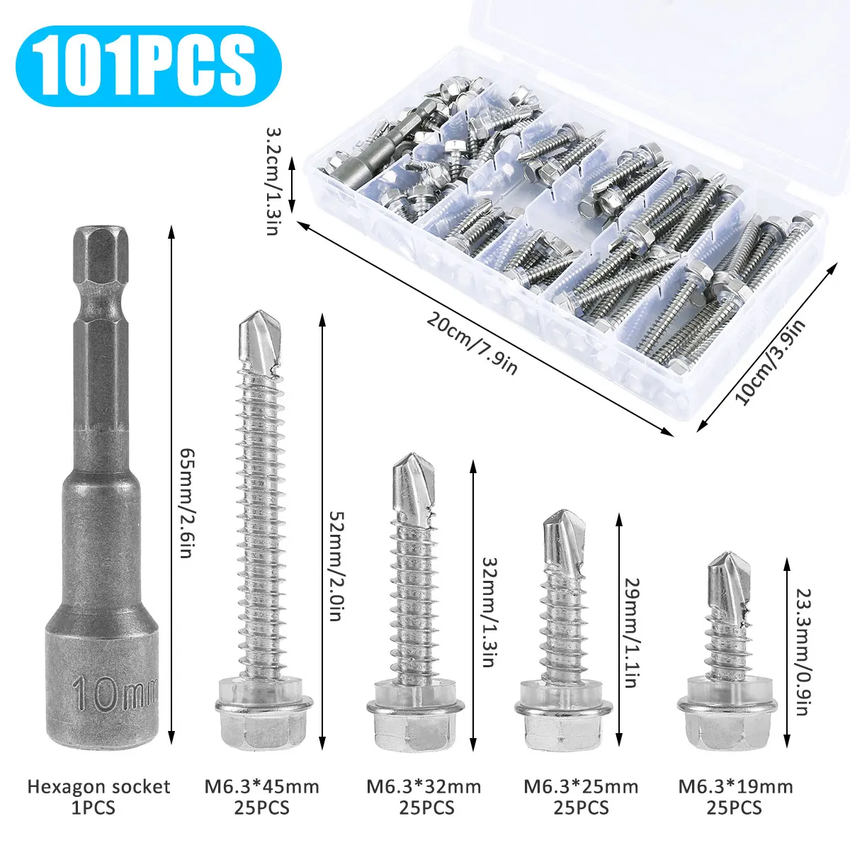 101Pcs M6.3 19/25/32/45mm Screws Ecternal Hex Head Self Tapping Screws Self Drilling Stainless Steel Screw Assortment Kit
101Pcs M6.3 19/25/32/45mm Screws Ecternal Hex Head Self Tapping Screws Self Drilling Stainless Steel Screw Assortment Kit