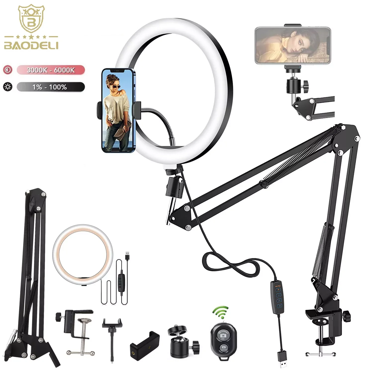 LED Selfie Ring Light Phone Stand With Folding Arm Circle Fill Light Dimmable Tripod Photography RingLight For YouTobe Streaming
LED Selfie Ring Light Phone Stand With Folding Arm Circle Fill Light Dimmable Tripod Photography RingLight For YouTobe Streaming