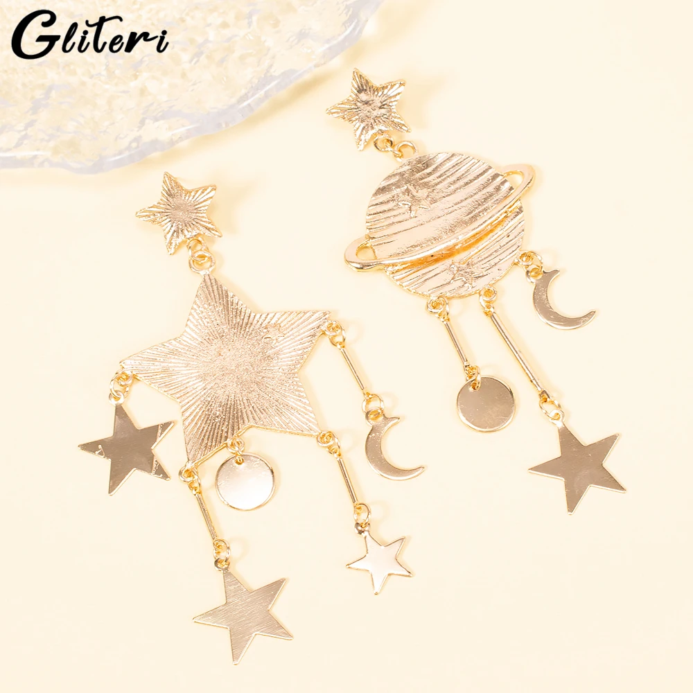

GEITERI Fashion Stars Moon Big Earrings For Women Girls 1Pair Exaggerated Gold Color Planets Tassel Stud Earring Jewelry Prarty