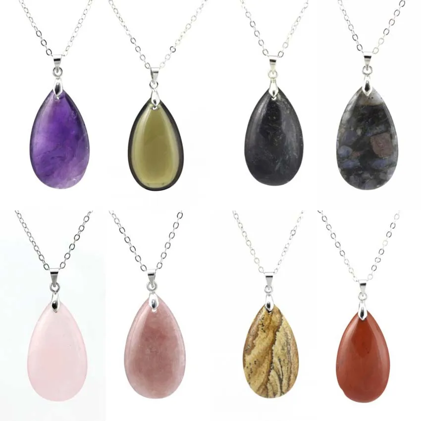 

LL Natural Crystal Stone Water Droplets Form pendant Necklace Amethyst Rock Crystal Tiger Eye Stone Lovers Ornament Jewelry
