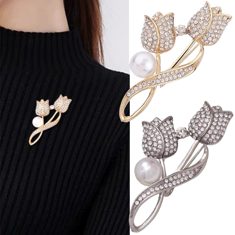 

Women Girls Elegant Shiny Rhinestone Tulip Flower Pearl Brooch Anti-glare Suit Crystal Brooches Collar Pin Jewelry Accessories