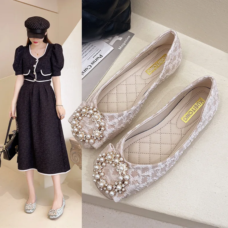 

Shallow Mouth Summer Shoes Ladies All-Match Female Footwear Low Heels Pearl Decorateion Slip-on Round Toe 2023 Dress Beading Sli