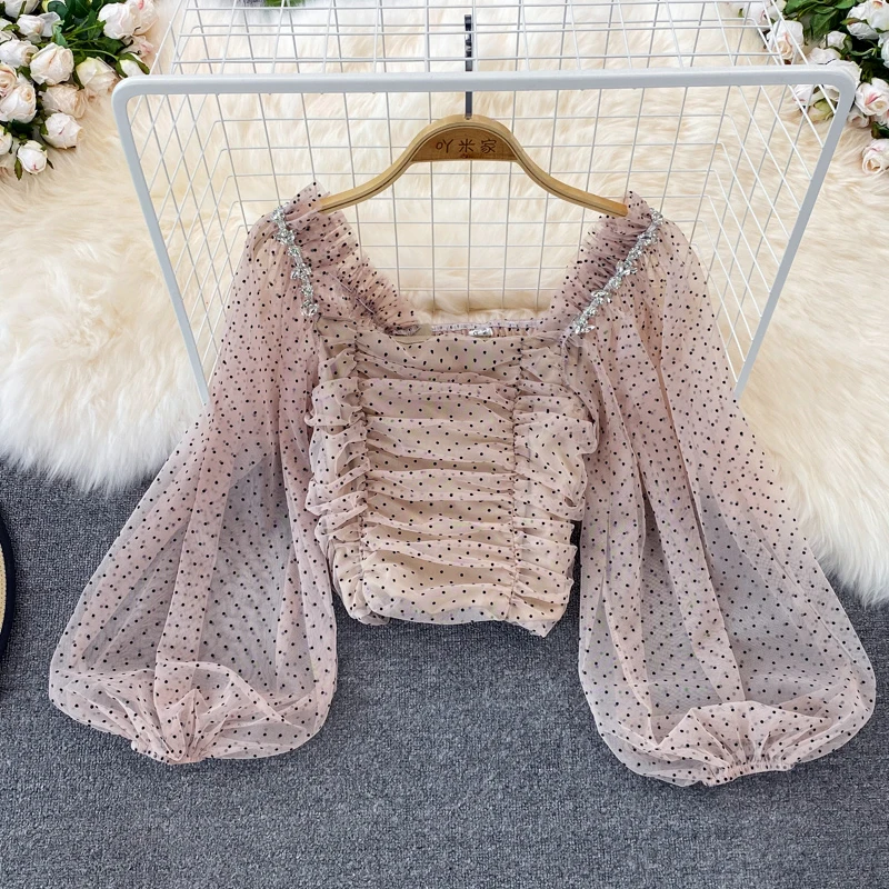 Spring and Summer Korean Lantern Sleeves Square Neck Pleated Dotted Chiffon Shirt Westernized Long Sleeve Short Top Women
Spring and Summer Korean Lantern Sleeves Square Neck Pleated Dotted Chiffon Shirt Westernized Long Sleeve Short Top Women