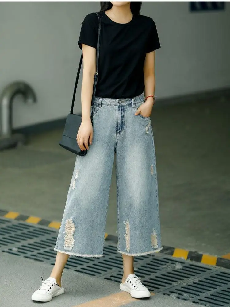Summer Thin Section High-waisted Loose Wide-leg Pants Jeans Women's Ripped Old Light Blue Retro Casual Calf-length Pants
Summer Thin Section High-waisted Loose Wide-leg Pants Jeans Women's Ripped Old Light Blue Retro Casual Calf-length Pants