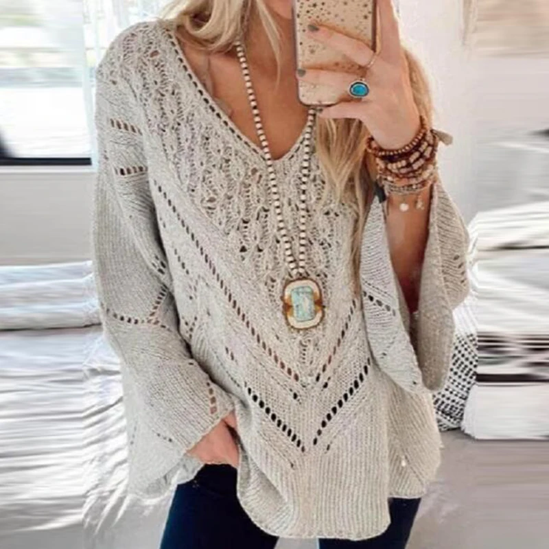 Женский трикотажный свитер с V-образным вырезом, с длинным рукавом 
Женский трикотажный свитер с V-образным вырезом, с длинным рукавом