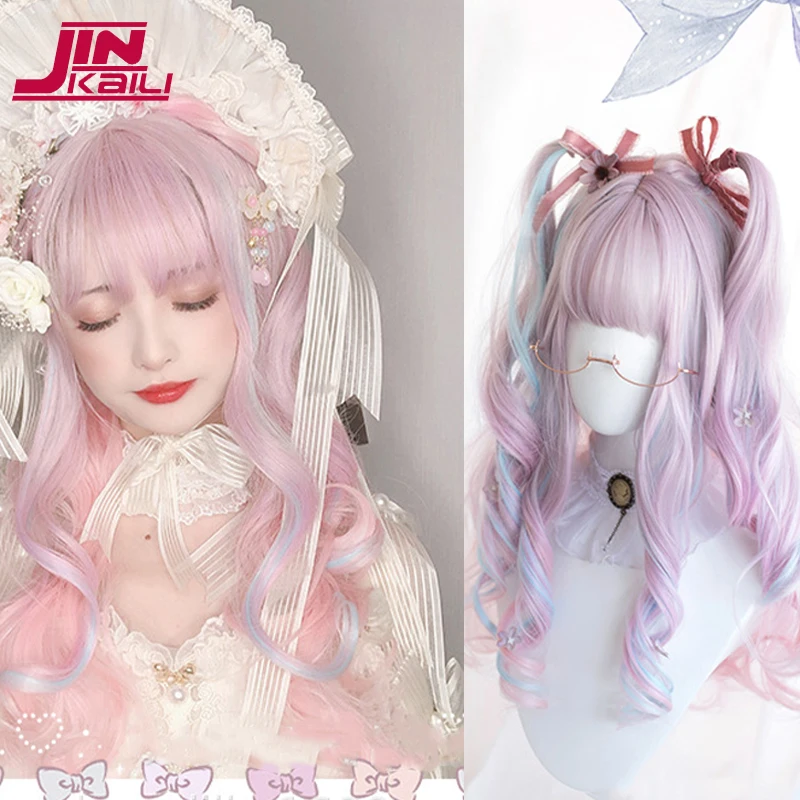 

JINKAILI Synthetic Long Wavy Curly Cosplay Wig With Bang Blonde White Red Cute Lolita Wig Women Halloween Cosplay Wig Female