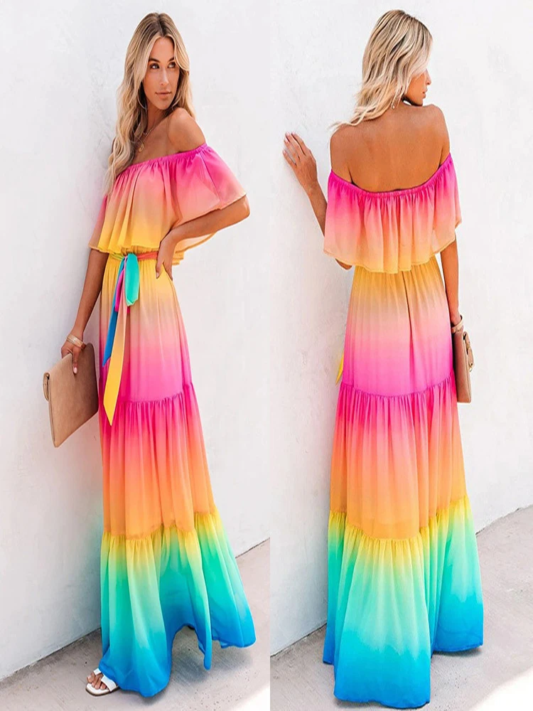 Gradient Off Shoulder Long Dress Summer Women Sexy Backless Slash Neck Ruffle Maxi Dress Ladies Elegant Lace-up Beach Dresses
Gradient Off Shoulder Long Dress Summer Women Sexy Backless Slash Neck Ruffle Maxi Dress Ladies Elegant Lace-up Beach Dresses