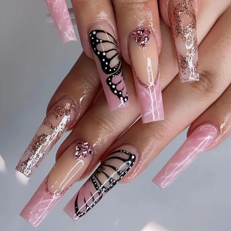 

Wearable Nude Pink Long Ballet Rhinestone Butterfly Gold Glitter Sequins Press On Full Cover Coffin Fake Nails Tips Manicure