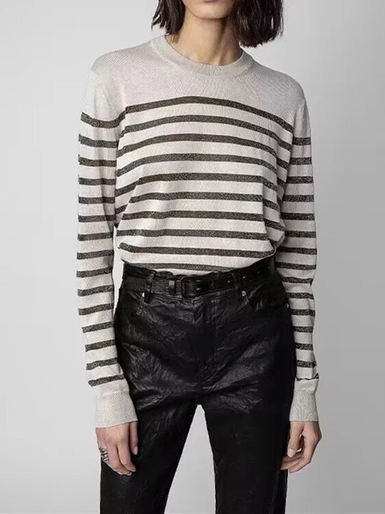 

Women Casual Long Sleeve Sweater 2023 Autumn Wool Blends Thin O-Neck Female Loose Stripes Jumper