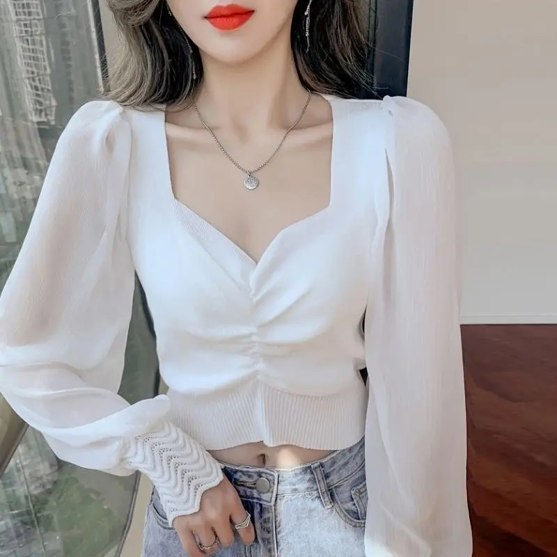 2022 Women's Spring Autumn New Square Collar Thin Shirts Female Long Sleeve Chiffon Shirts Top Ladies Short Knitted Blouses B28
2022 Women's Spring Autumn New Square Collar Thin Shirts Female Long Sleeve Chiffon Shirts Top Ladies Short Knitted Blouses B28