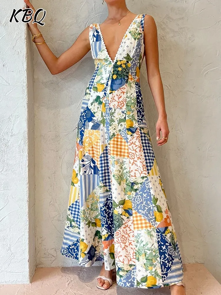 KBQ Eleglant backless Dresses For Women V Neck Sleeveless High Waist colorblock Printing a line Dress Female Fashion Style New 
KBQ Eleglant backless Dresses For Women V Neck Sleeveless High Waist colorblock Printing a line Dress Female Fashion Style New