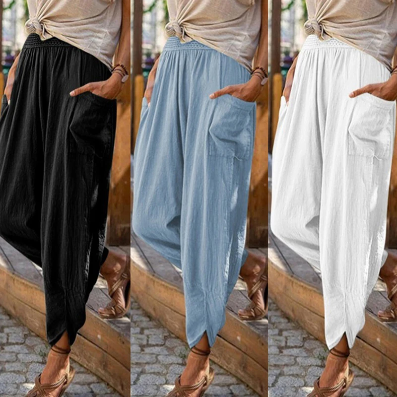 

2023 New Fashion Spring Women Cotton Linen Harem Pants Casual Yoga Beach Elastic Waist Trousers Baggy Chinos