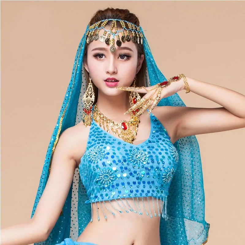 

Endsvillyou Belly Dance Top Bra Women Twinkling Sequin Sexy Beaded Fringe Hanging Coin Bollywood Oriental Dance Tops