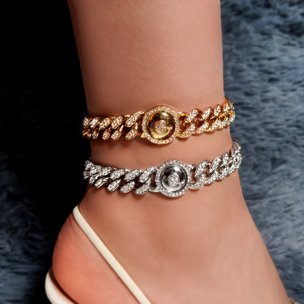 

Hip Hop Women Rhinestone Paved Cuban Link Chain Anklet Iced Out Bling Round Evil Eye Ankle Bracelet Summer Beach Party Jewelry