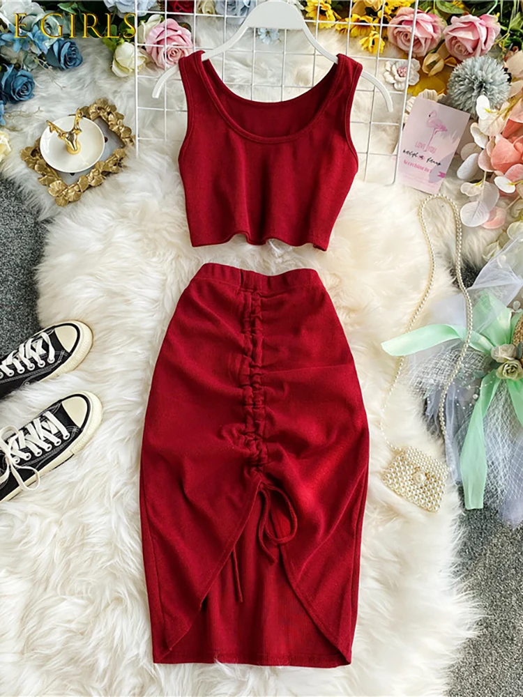 E GIRLS Summer Women 2pcs Set Black/Red Vintage Round Neck Knitted Short Tops + Drawstring Bodycon Skirt Two Piece Set New
E GIRLS Summer Women 2pcs Set Black/Red Vintage Round Neck Knitted Short Tops + Drawstring Bodycon Skirt Two Piece Set New