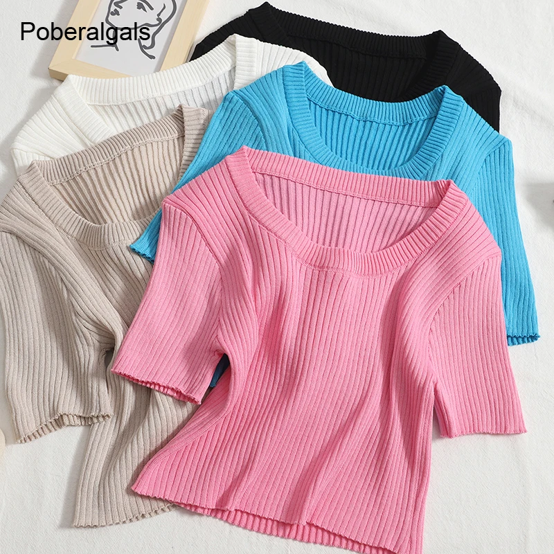 Basic solid color slim knitted sweater for women t-shirts Summer o neck short-sleeved T-shirt spring new short tees
Basic solid color slim knitted sweater for women t-shirts Summer o neck short-sleeved T-shirt spring new short tees
