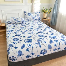 Twin Fitted Bed Sheet with Elastic Blue Flower Printed Bed Cover Single/Queen/King Bed Linen Reactive Printed Mattress Cover 180